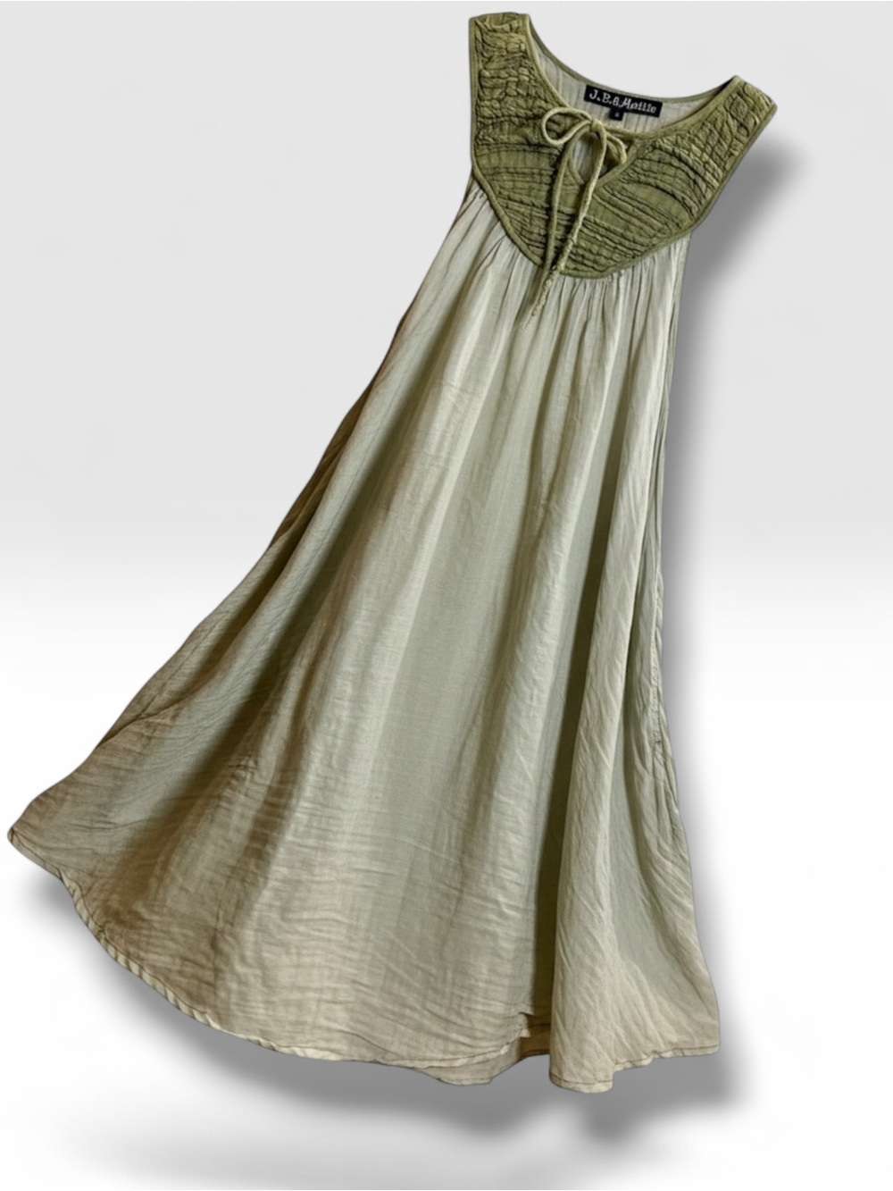 JP & Mattie Boho Gauze Midi Dress Sheer w Textured Sage Green Yoke Swing Flowy L